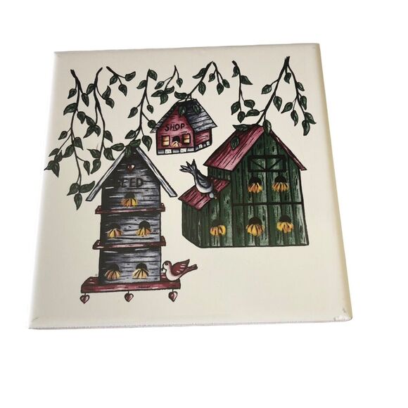 VTG Birdhouses Ceramic Tile Trivet Kitchen 6" x 6" Bird Feed Shop Barn USA - Picture 2 of 10